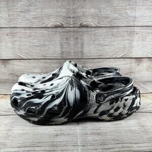 Crocs Classic Marbled Clogs Mens Size 9 Womens Size 11 Black & White Slip On